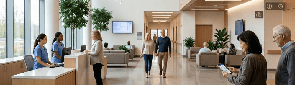 Visitors using an interactive directory in a modern hospital lobby